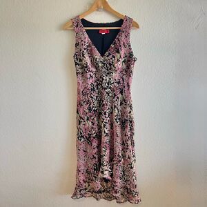 ALYN PAIGE Vtg 90s V-Neck Ruffle Floral Black Sleeveless Midi Dress Women 7/8